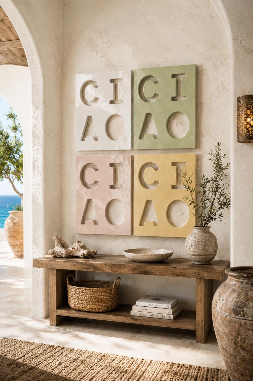 Four square wall panels arranged in a grid, each featuring recessed letters spelling CICI ACAO. The panels are colored in white, light green, pale pink, and yellow. Each square has a smooth, glossy finish with deep-set typography.