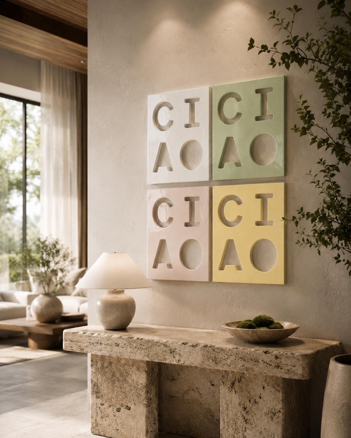 Four square wall art panels arranged in a grid, each featuring the embossed letters C, I, C, I, A, O. The top-left panel is white, the top-right is light green, the bottom-left is light pink, and the bottom-right is light yellow.