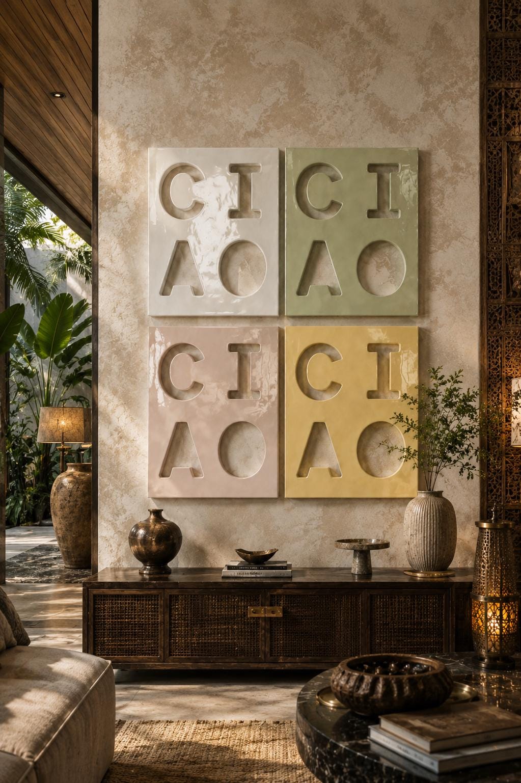 A set of four square wall art panels arranged in a grid. Each panel features a glossy finish and embossed letters spelling CICI ACAO. The top left panel is cream, top right is sage green, bottom left is dusty pink, and bottom right is yellow.