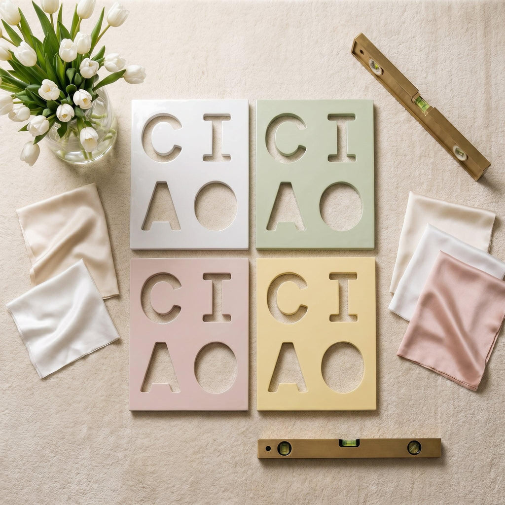 Four square tiles in white, sage green, dusty pink, and pale yellow, each featuring the cutout letters C, I, A, and O. The set includes a glass vase with white tulips, several folded silk fabric squares, and two gold-toned spirit levels.