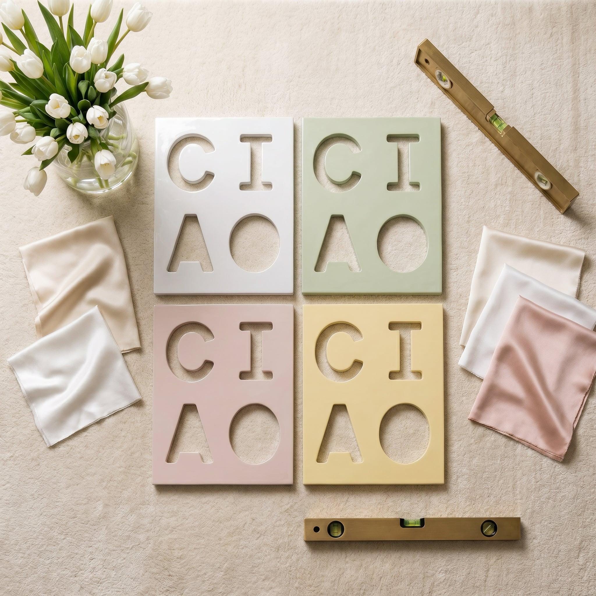 Four square tiles in white, sage green, dusty pink, and pale yellow, each featuring the cutout letters C, I, A, and O. The set includes a glass vase with white tulips, several folded silk fabric squares, and two gold-toned spirit levels.