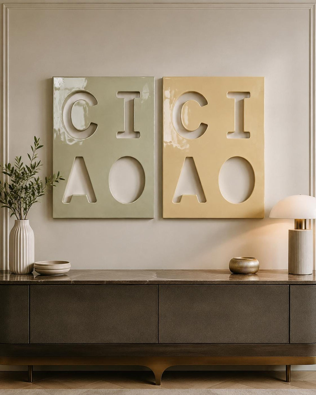 Two rectangular wall art panels featuring cut-out letters. The left panel is sage green with the letters C, I, A, and O. The right panel is mustard yellow with the same letters C, I, A, and O. Both panels have a glossy, smooth finish.