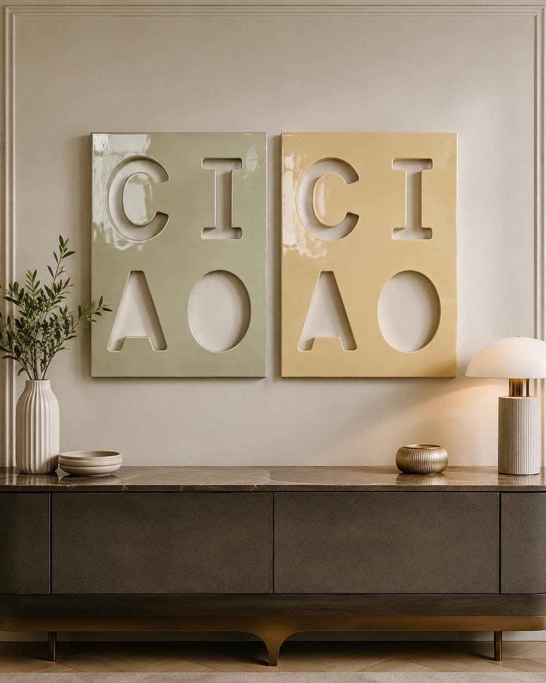 Two rectangular wall art panels featuring cut-out letters. The left panel is sage green with the letters C, I, A, and O. The right panel is mustard yellow with the same letters C, I, A, and O. Both panels have a glossy, smooth finish.