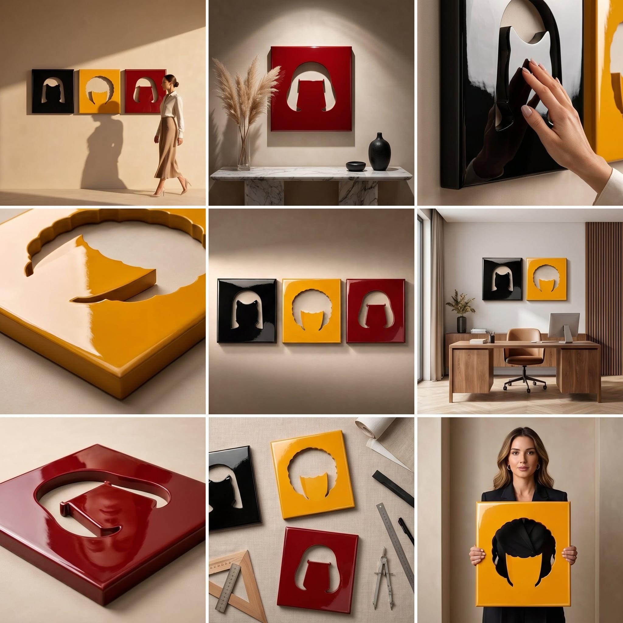 A set of three square wall art panels in black, yellow, and red, each featuring a glossy finish and a central cutout silhouette of a stylized hairstyle. The smooth, reflective surfaces create a modern look with distinct geometric shapes.