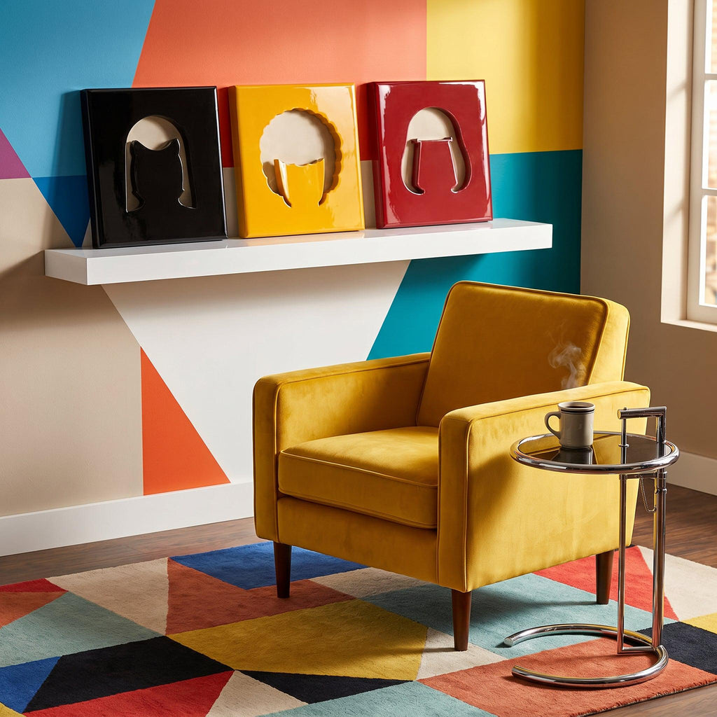 A mustard yellow velvet armchair sits next to a round chrome side table with a steaming mug. Above, a white floating shelf displays three square glossy wall plaques in black, yellow, and red, each featuring a unique cutout silhouette.