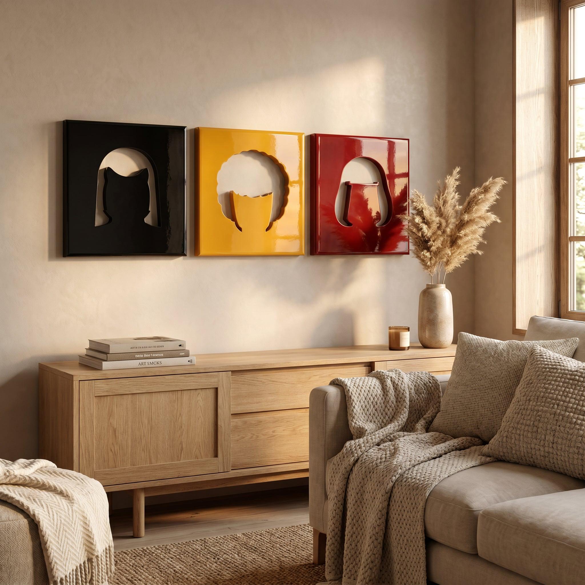 Three square wall art panels featuring glossy finishes in black, yellow, and red. Each panel displays a central cutout silhouette of a distinct hairstyle, creating a negative space effect against the wall surface behind the art pieces.