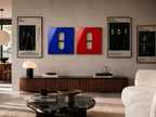 Two square wall art pieces featuring a glossy blue panel and a glossy red panel, each with a central vertical pill-shaped cutout. These are displayed on a wall alongside three framed movie posters for The Matrix, Matrix Reloaded, and Revolutions.