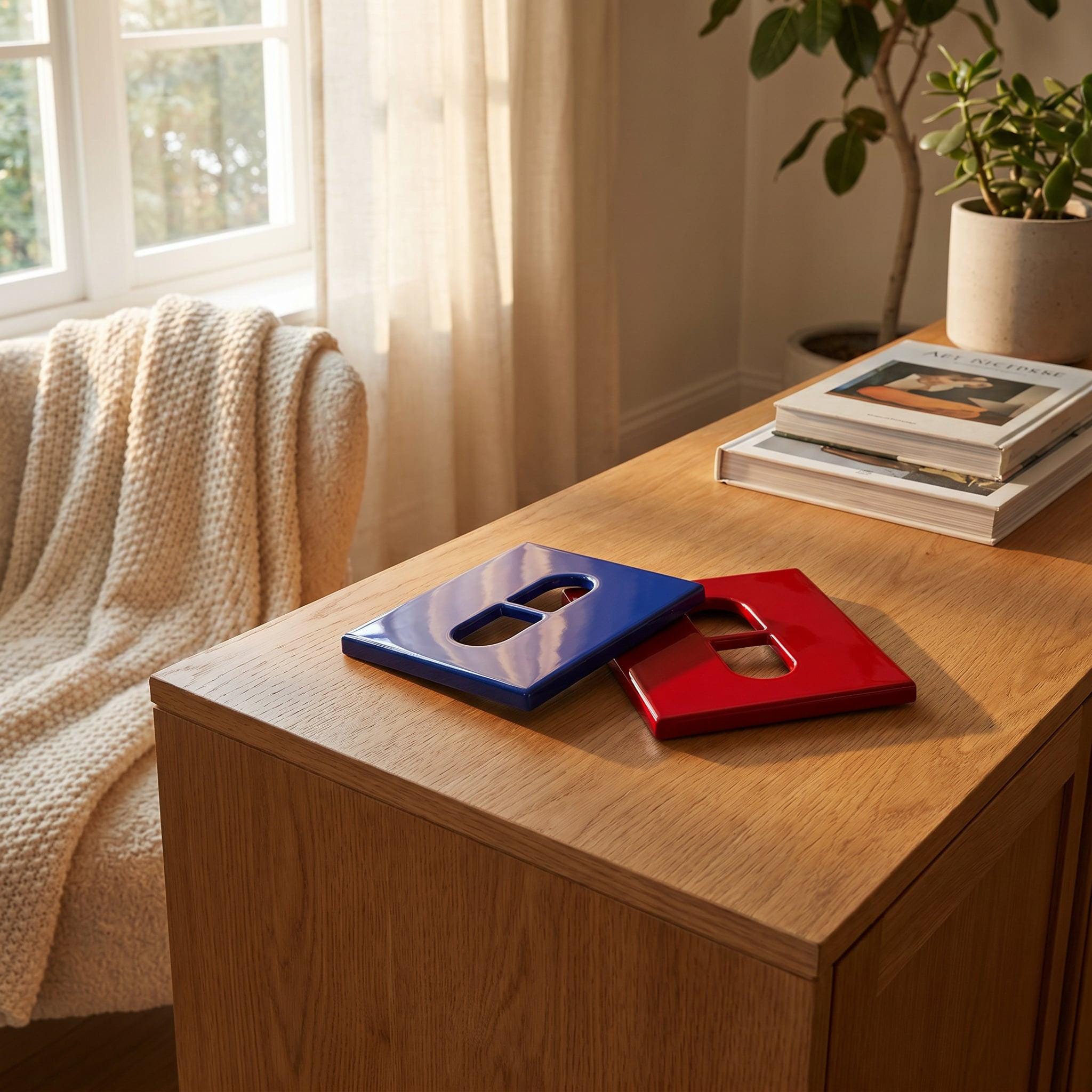 Two square, glossy light switch plates, one in a vibrant royal blue and the other in a bold cherry red. Each plate features a centered, rectangular cutout for a rocker-style switch, showcasing a smooth, reflective finish.
