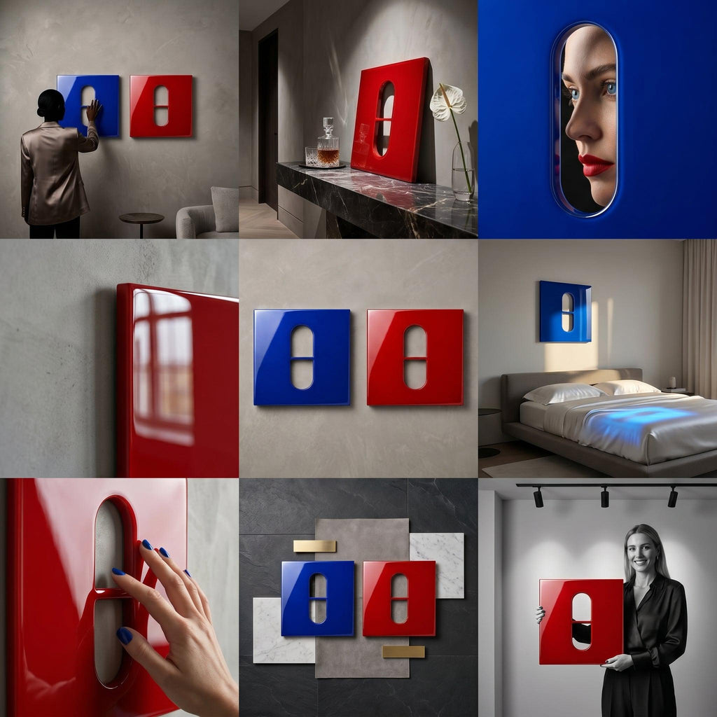 A set of two square wall panels, one in glossy blue and one in glossy red, each featuring a central vertical pill-shaped cutout. The panels have a smooth, reflective finish and are designed to be mounted on a wall as decorative art pieces.