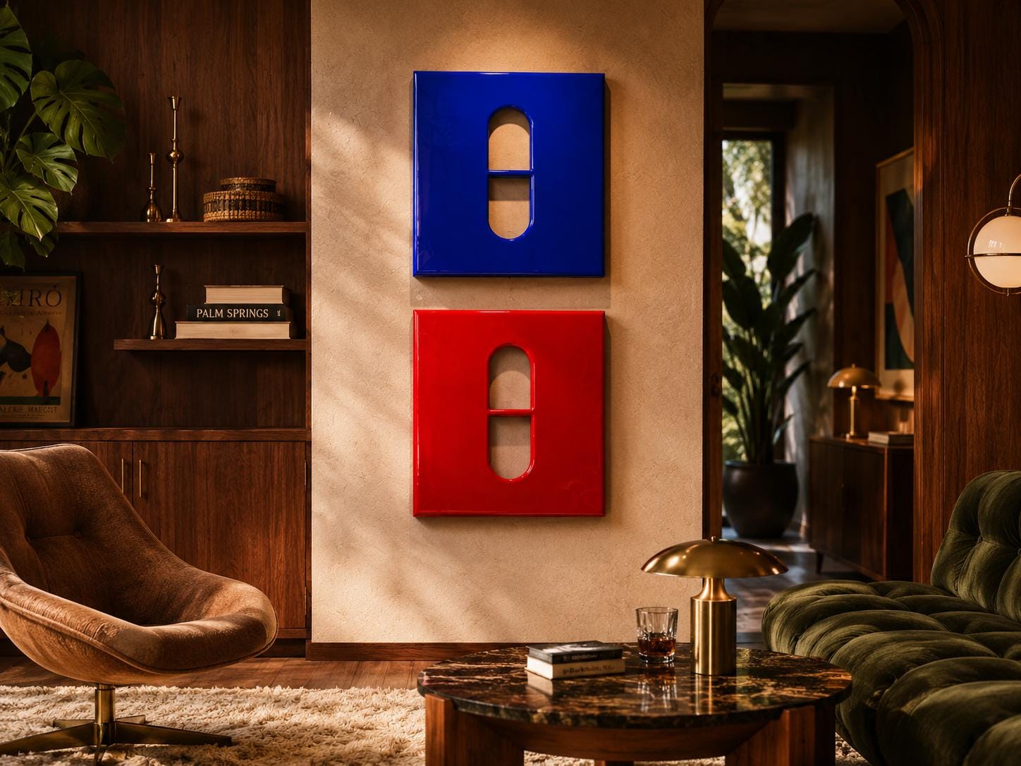 Two square wall art pieces mounted vertically, one in glossy blue and one in glossy red. Each piece features a central vertical cutout with a horizontal bar, creating a pill-like shape. The surfaces are smooth and reflective.