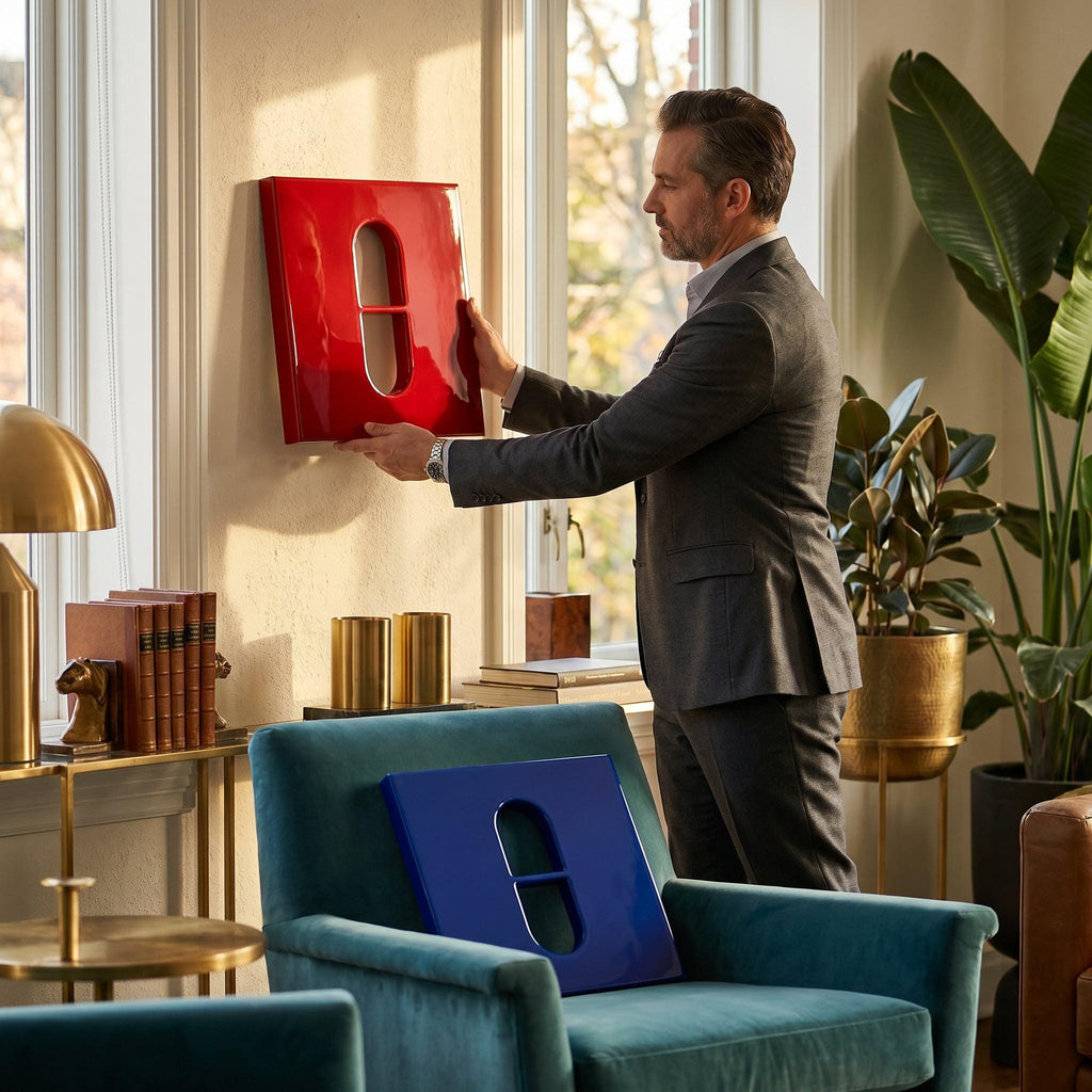 A glossy red square wall art piece with a central vertical pill-shaped cutout and a matching glossy blue square art piece with a central vertical pill-shaped cutout resting on a teal velvet armchair in a room with natural light.