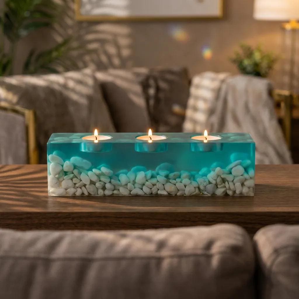 A rectangular teal resin candle holder featuring three lit tea light candles embedded in the top surface. The base of the holder is filled with numerous small, smooth white river stones encased within the translucent teal resin material.