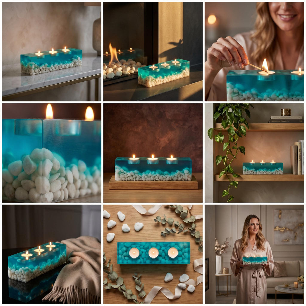 A rectangular teal resin candle holder featuring three circular cutouts for tea light candles. The base is filled with white river stones embedded within the translucent blue material, creating a layered effect resembling ocean water.