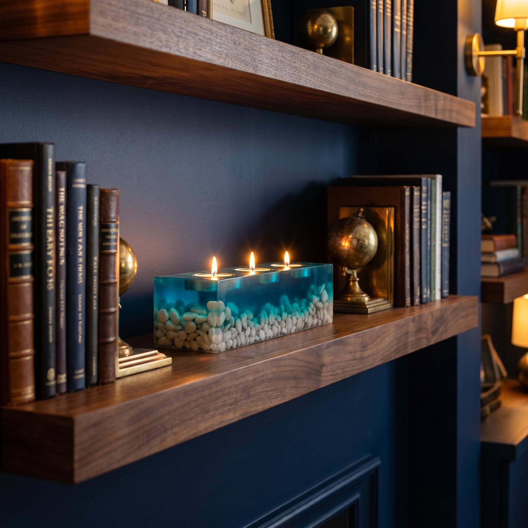 A rectangular candle holder made of clear resin with a blue-tinted top section and a base filled with small white pebbles. The holder contains three lit tea light candles, casting a warm glow on the surrounding wooden shelf.
