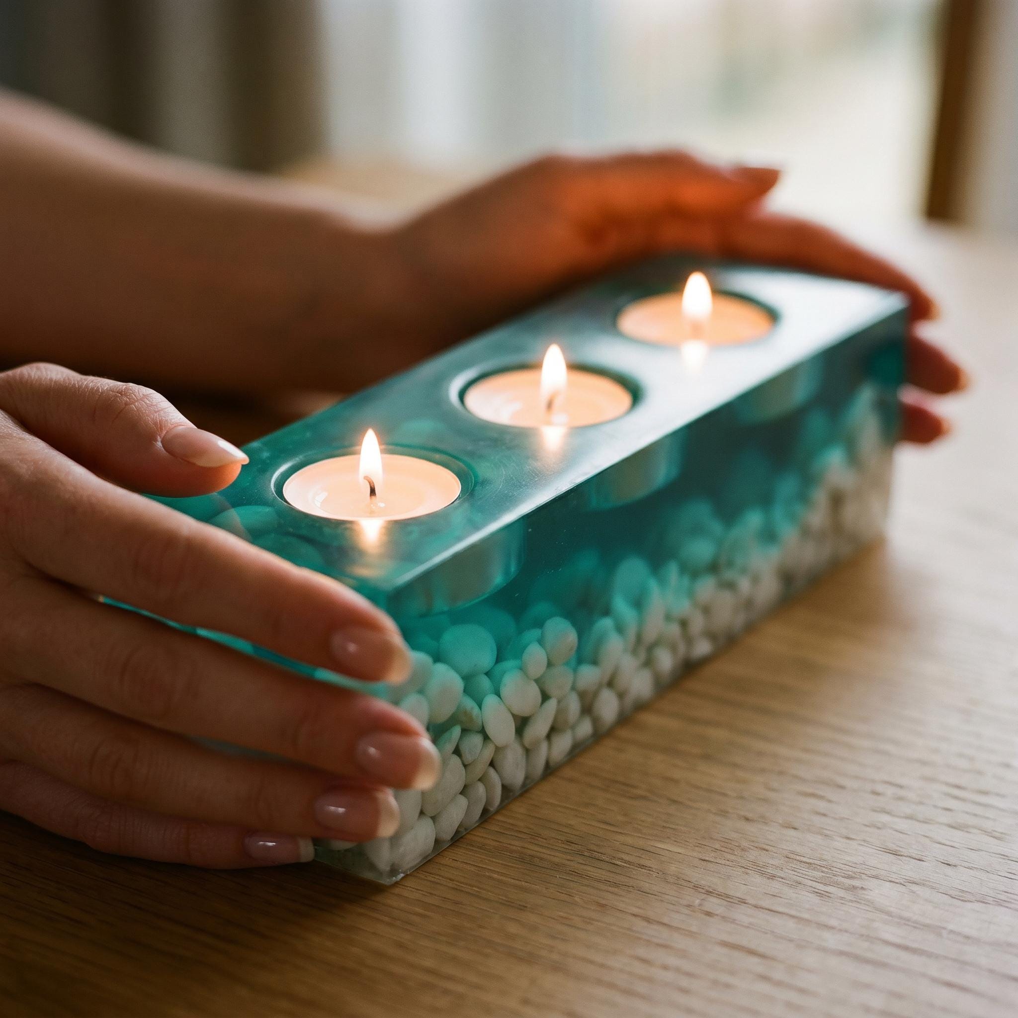 A rectangular teal resin candle holder containing white pebbles embedded within the material. The piece features three circular cutouts, each holding a small lit tea light candle with a visible flame, creating a warm glow.