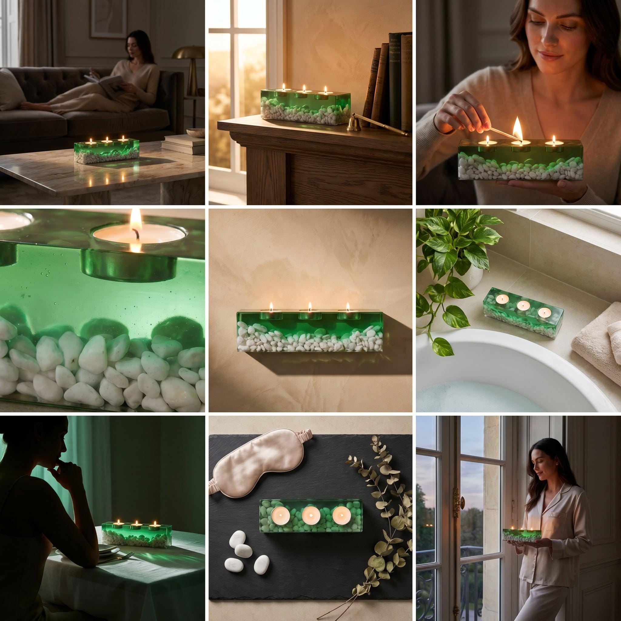 A rectangular candle holder made of clear green resin with a base filled with white river stones. The holder features three circular indentations designed to hold tea light candles, creating a glowing effect when lit.