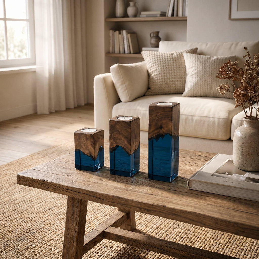 Three square candle holders of varying heights, each crafted from a combination of natural brown wood at the top and translucent deep blue resin at the base, featuring a circular opening at the top for a tea light candle.