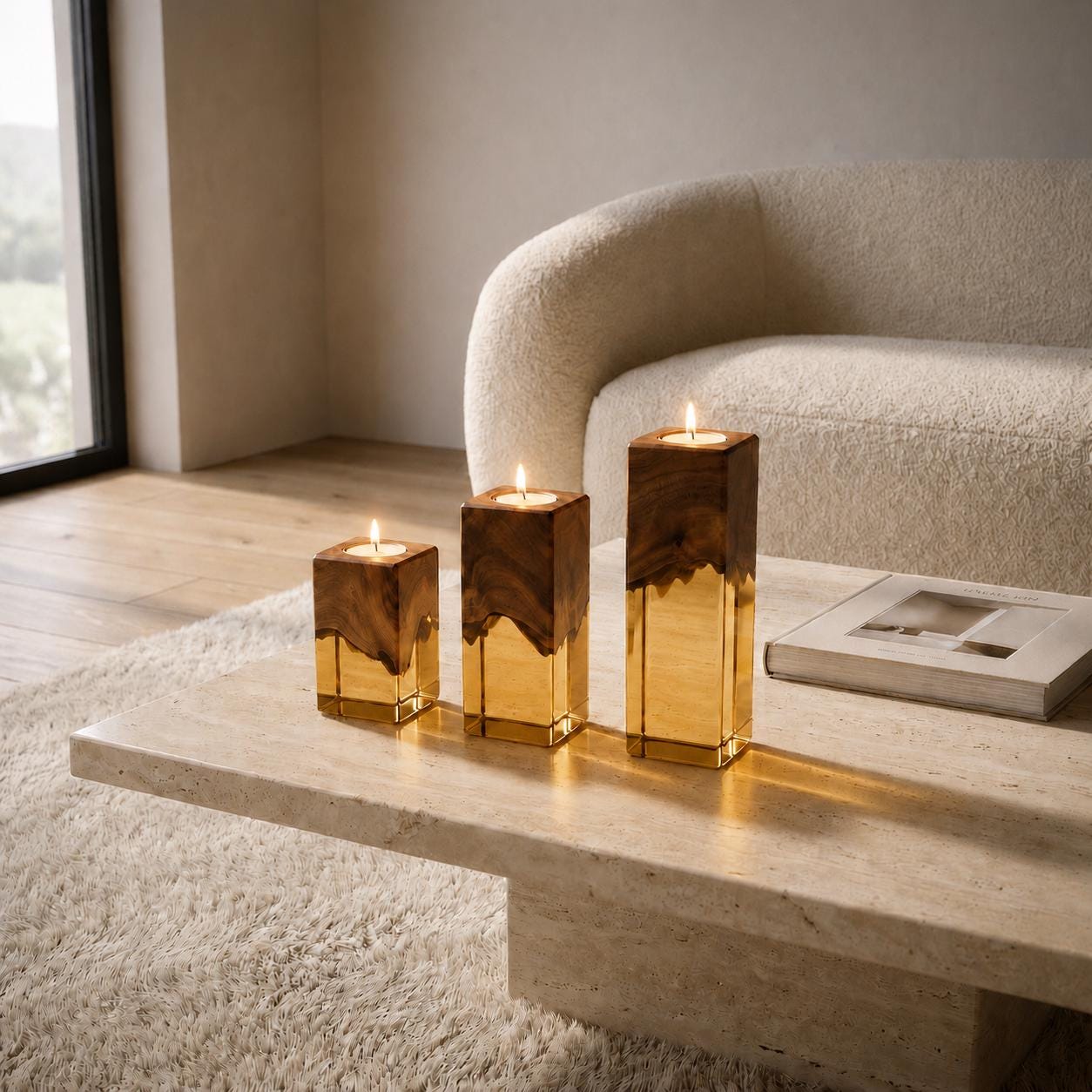 Three square candle holders of varying heights, each featuring a natural dark brown wood top section and a reflective gold-toned metallic base. Each holder contains a lit tea light candle, casting a warm glow on the surfaces.