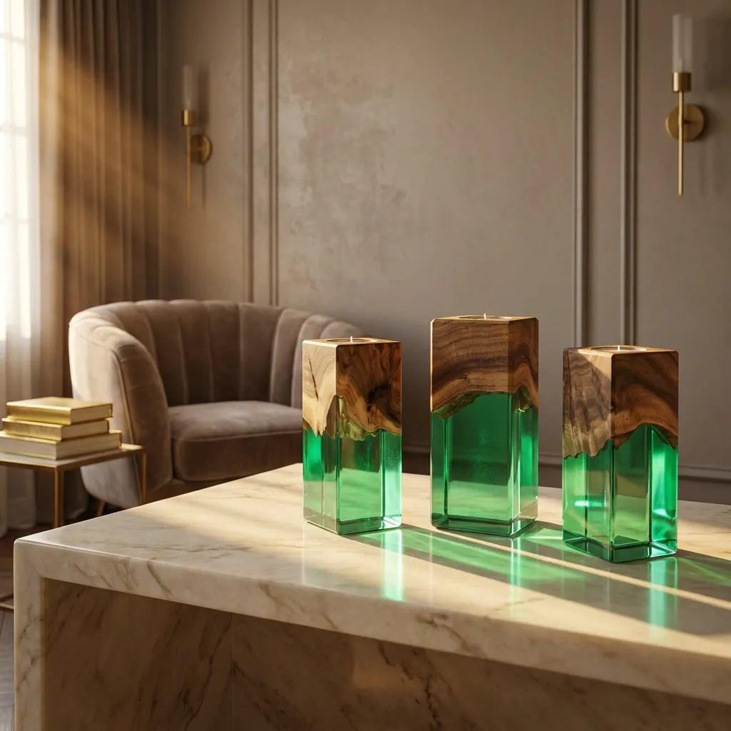 Three rectangular candle holders made from a combination of natural brown wood and translucent green resin. Each piece features a solid wood top section with a visible grain pattern and a smooth, clear green resin base.