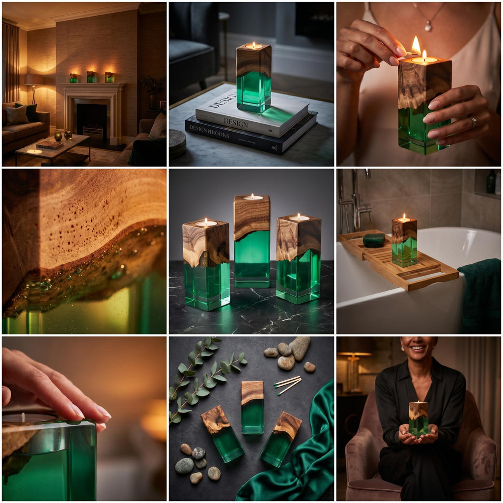 A square candle holder crafted from a combination of natural wood and translucent emerald green resin. The top section features the organic grain of the wood, while the base is made of clear green resin, designed to hold a single tea light.