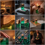 A square candle holder crafted from a combination of natural wood and translucent emerald green resin. The top section features the organic grain of the wood, while the base is made of clear green resin, designed to hold a single tea light.