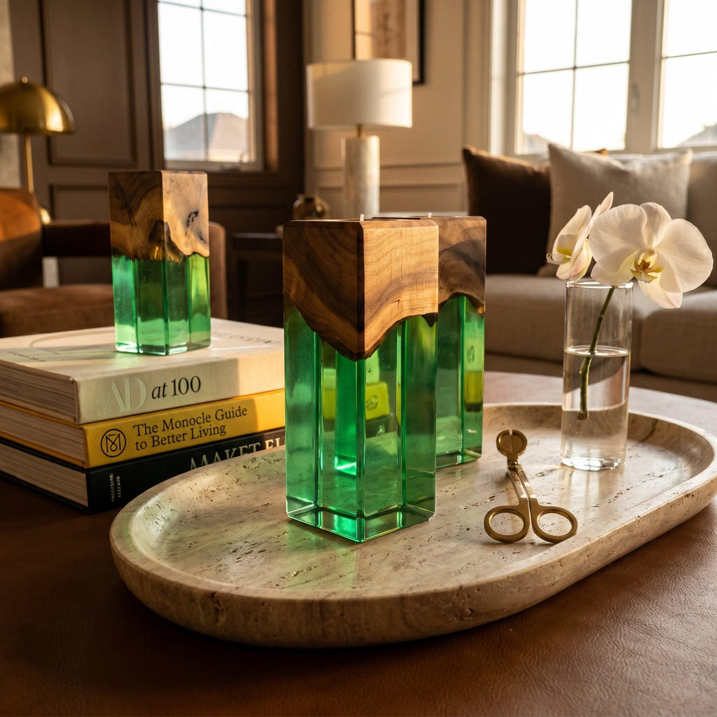 Three rectangular candle holders featuring a natural wood top section and a translucent green resin base. The holders are arranged on an oval travertine tray alongside a clear glass vase containing a white orchid and gold wick trimmers.