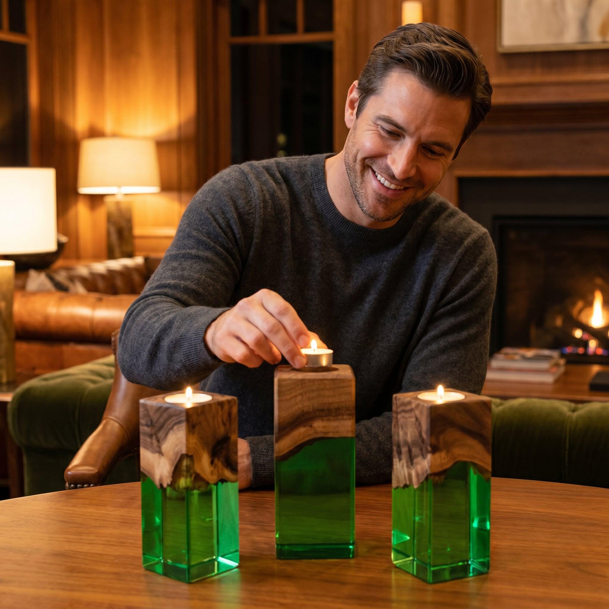 Three rectangular candle holders made of natural wood and translucent green resin. Each holder features a square wooden top with a natural grain pattern and a clear green base, designed to hold a small tea light candle on top.