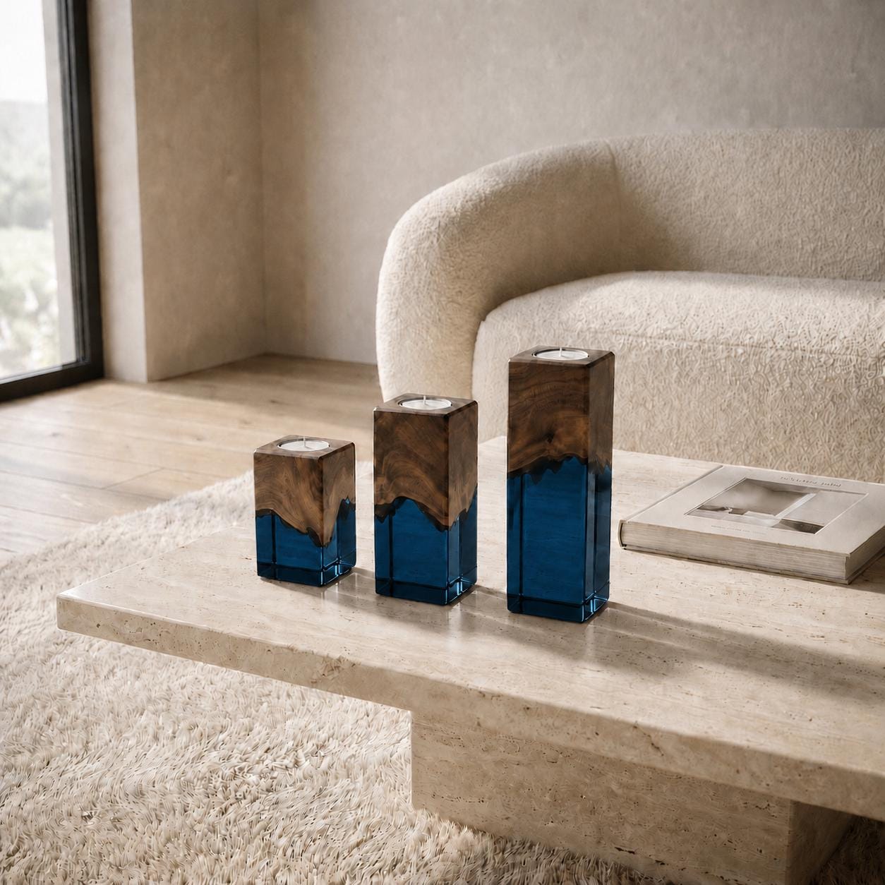 Three square candle holders of varying heights, each featuring a natural brown wood top section and a translucent deep blue resin base. The holders have a smooth, straight-edged design with a circular opening at the top for a candle.