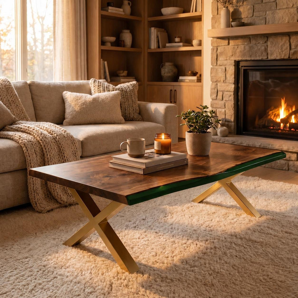 A rectangular coffee table with a natural wood grain top, a dark green resin edge, and gold-colored metal X-shaped legs. On the table sits a white ceramic mug, a stack of two books, a glass jar candle, and a small potted green plant.