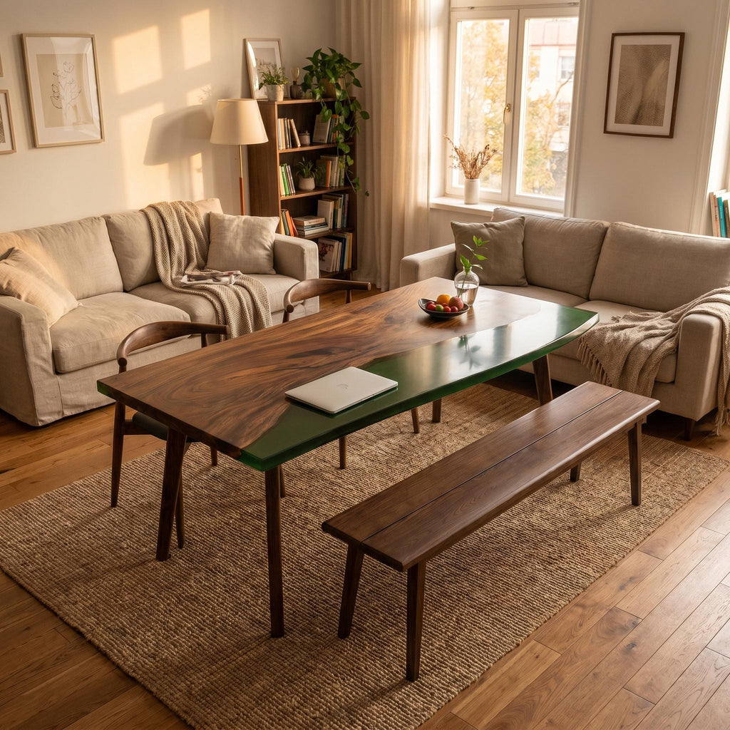 A rectangular dining table featuring a natural dark wood grain surface combined with a smooth, solid green resin section. The table is supported by four tapered wooden legs and is accompanied by a matching long wooden bench seat.