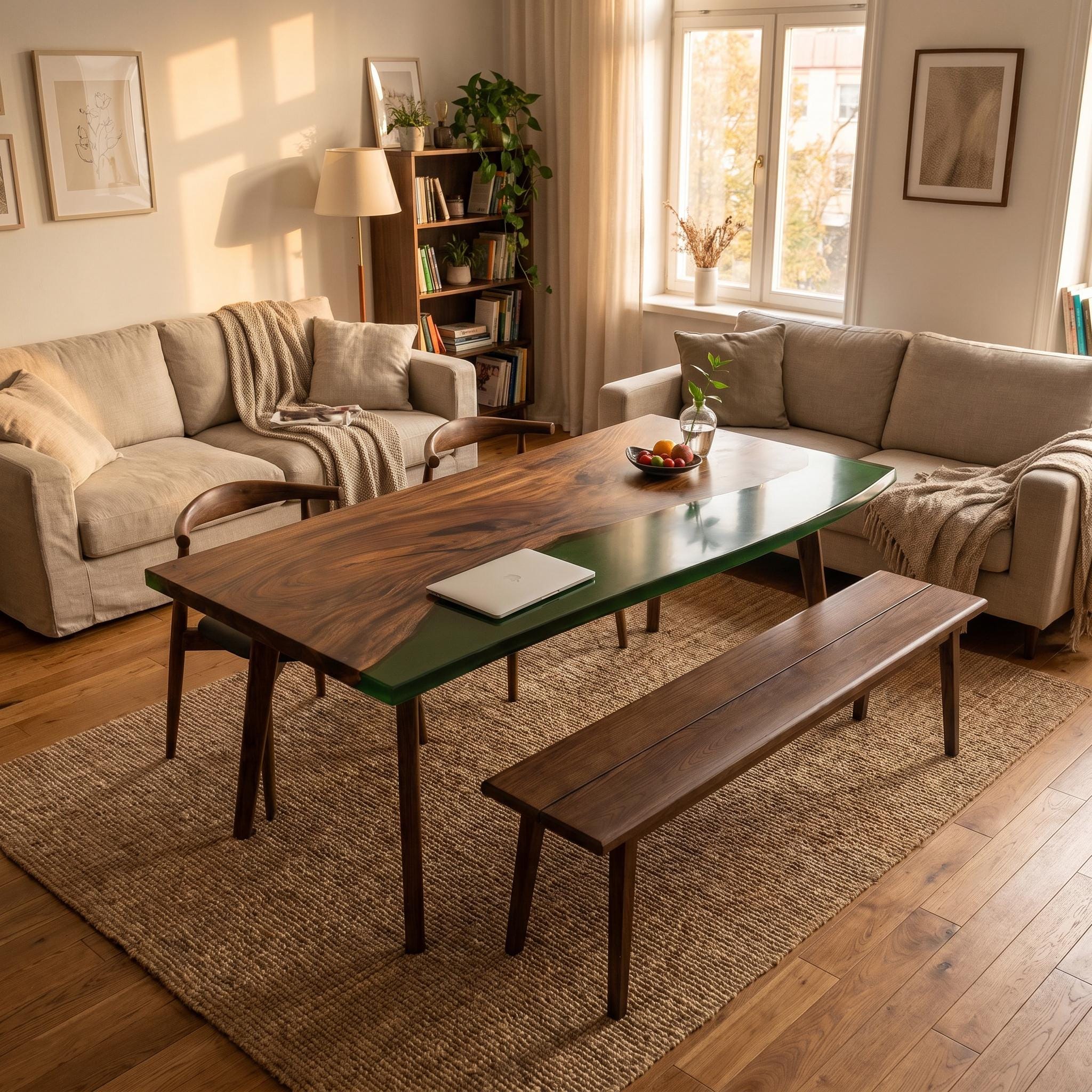 A rectangular dining table featuring a natural dark wood grain surface combined with a smooth, solid green resin section. The table is supported by four tapered wooden legs and is accompanied by a matching long wooden bench seat.