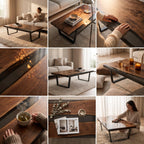 A rectangular coffee table featuring a natural wood grain surface with a dark, smooth central inlay and black metal legs. The table has a live edge design, showcasing the organic texture of the wood, and a sturdy, low-profile frame.
