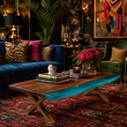 A rectangular coffee table featuring a natural wood slab surface with a translucent turquoise resin inlay, supported by a gold-toned metal X-shaped base. The table holds a stack of books titled Frida Kahlo, TILLUM GYPSET, and MORE IS MORE.
