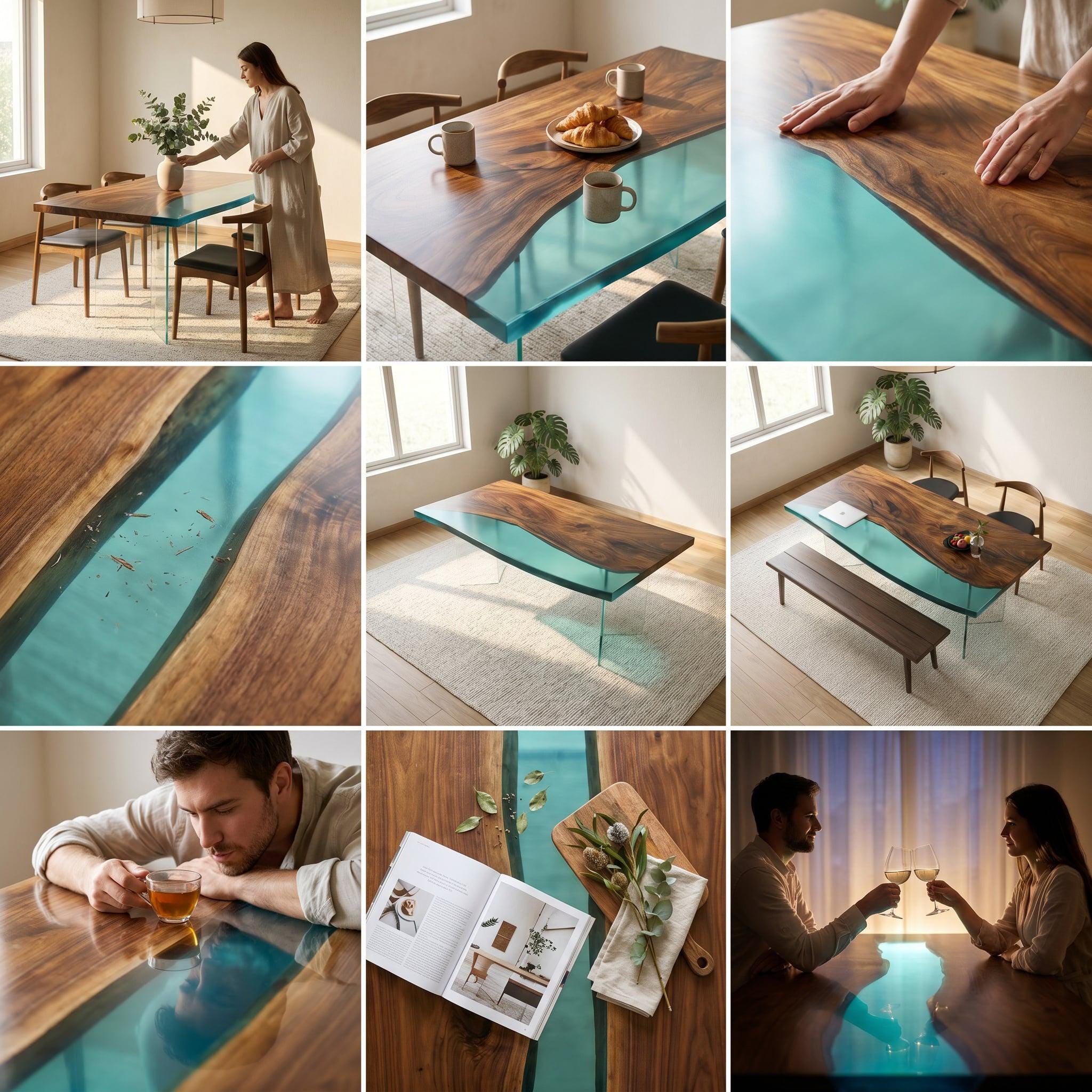 A rectangular dining table featuring a live edge wood slab with a central translucent turquoise resin river inlay, supported by clear glass legs. The table surface displays a natural wood grain pattern and smooth finish.