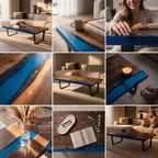 A rectangular coffee table featuring a natural wood grain surface with a central river-like inlay of translucent blue resin. The table is supported by a black metal frame with four legs and a low-profile design.