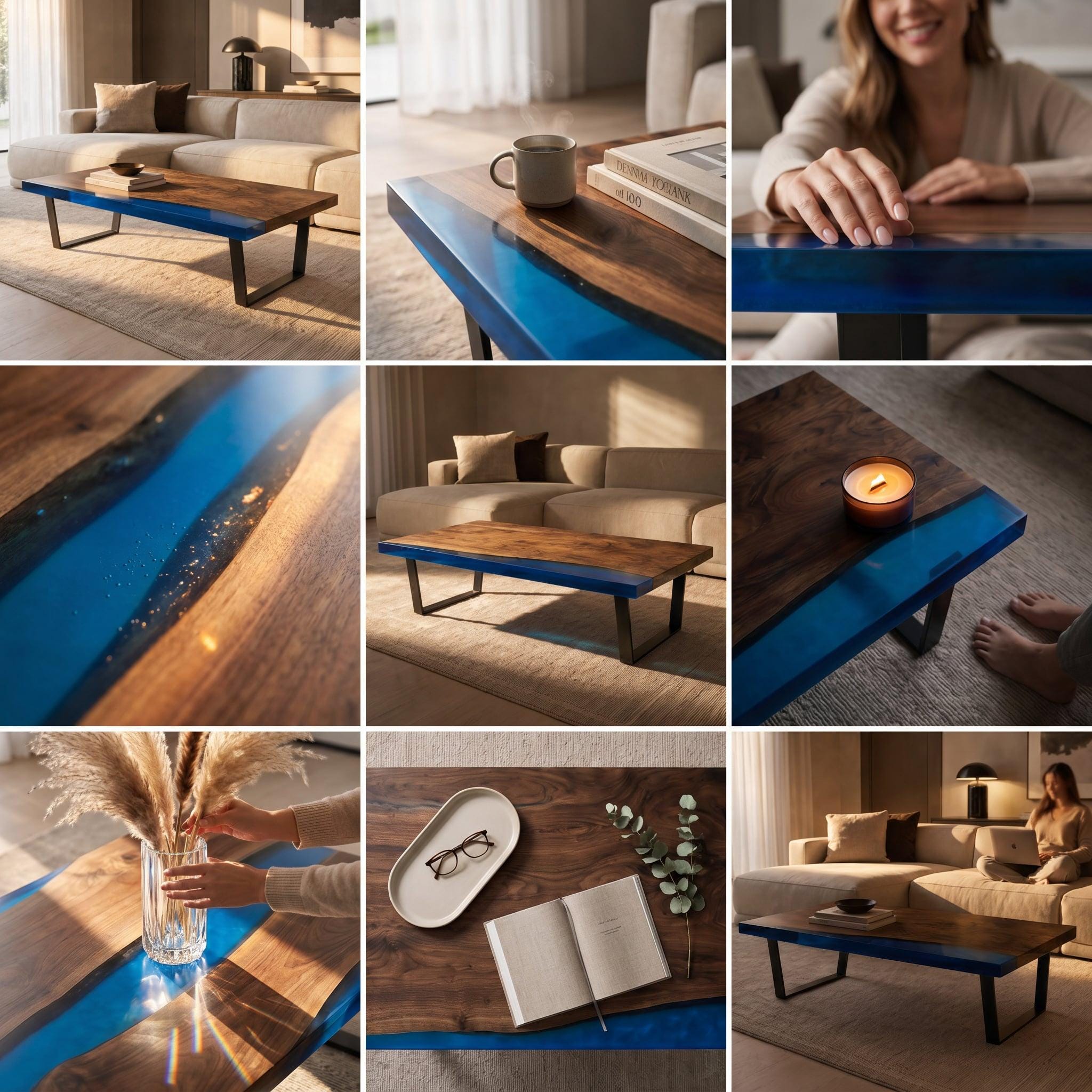 A rectangular coffee table featuring a natural wood grain surface with a central river-like inlay of translucent blue resin. The table is supported by a black metal frame with four legs and a low-profile design.