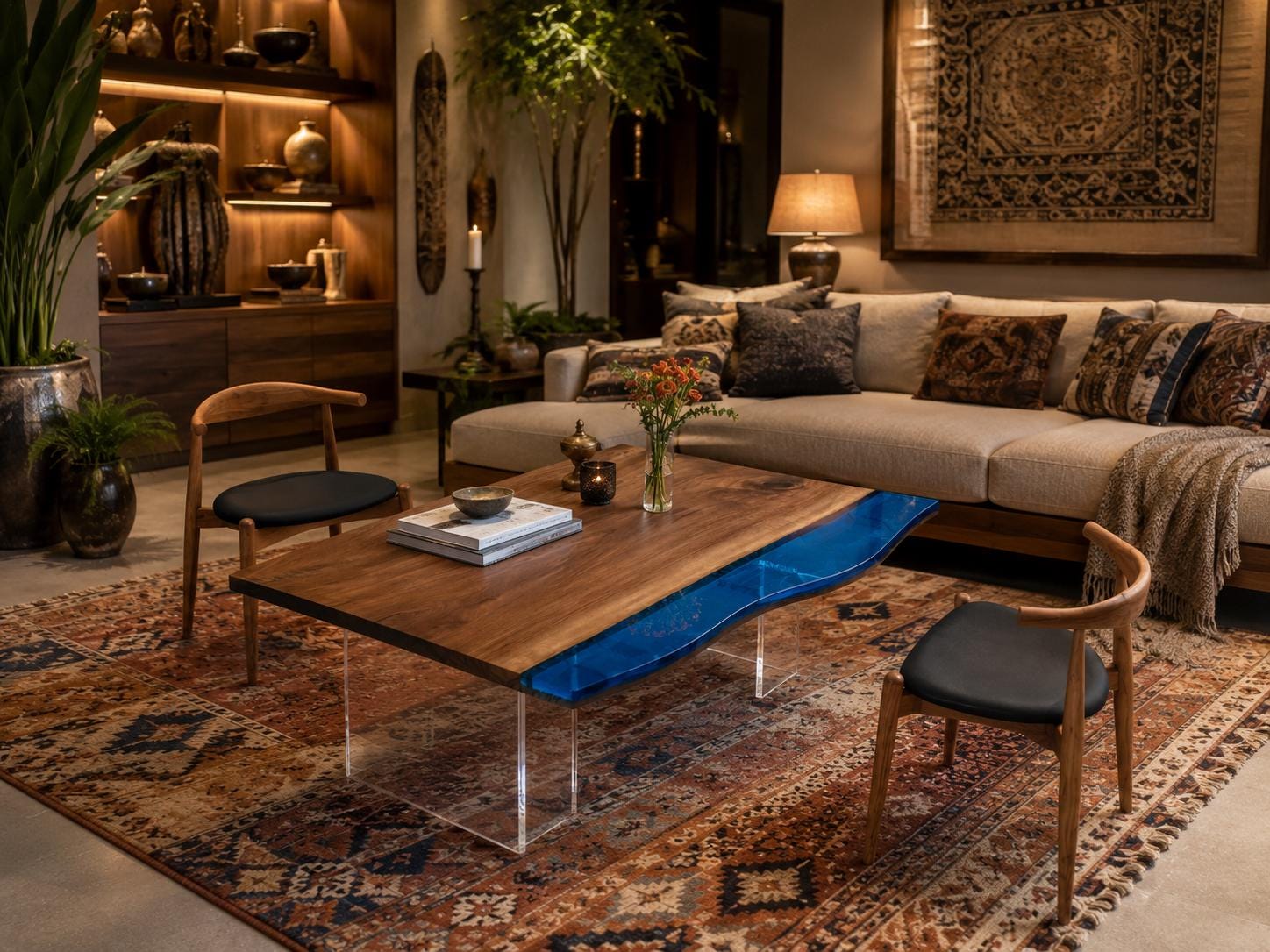 A rectangular coffee table featuring a natural wood grain surface with a wavy, translucent blue resin insert, supported by clear acrylic legs, accompanied by two wooden chairs with black upholstered seats on a patterned rug.