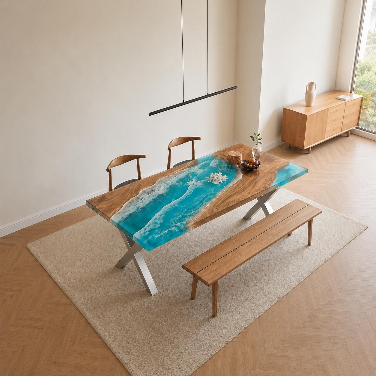 A rectangular dining table featuring a natural wood slab with a central river design made of blue and white resin that mimics ocean waves. The table has silver-colored metal X-shaped legs and is accompanied by two wooden chairs and a bench.