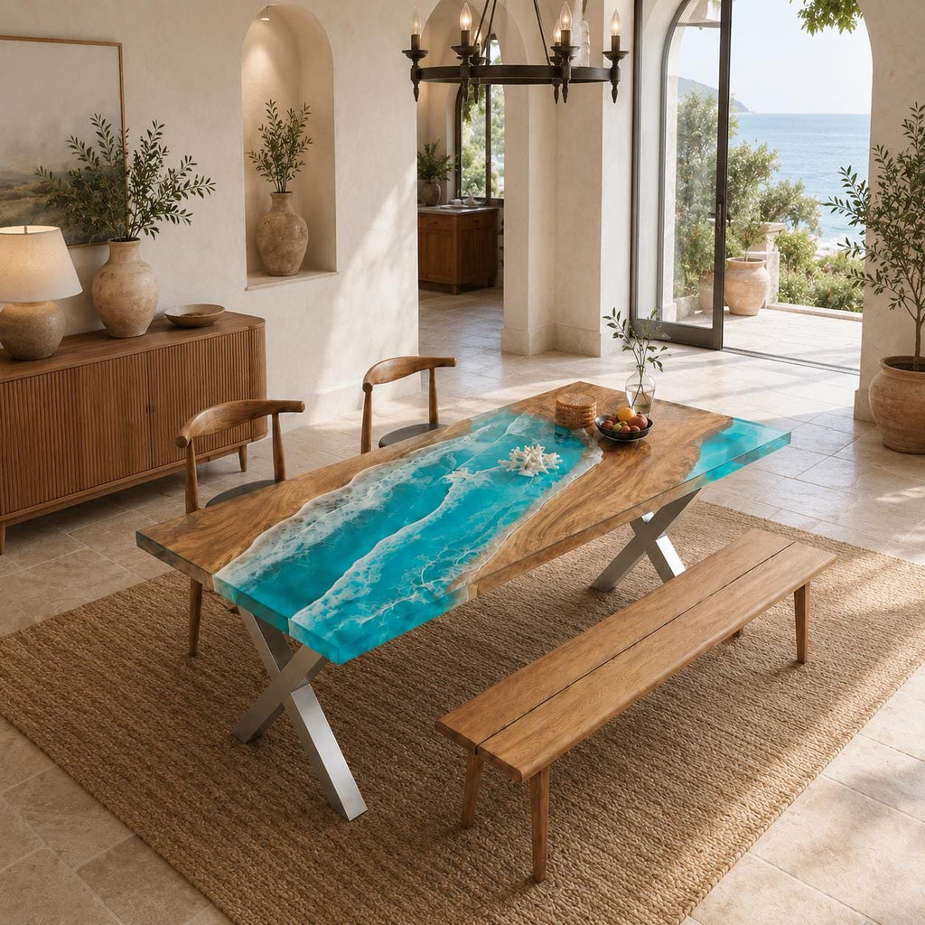 A rectangular dining table featuring a natural wood slab with a central river design made of bright turquoise resin that mimics ocean waves with white foam accents. The table is supported by a silver metal X-shaped base.