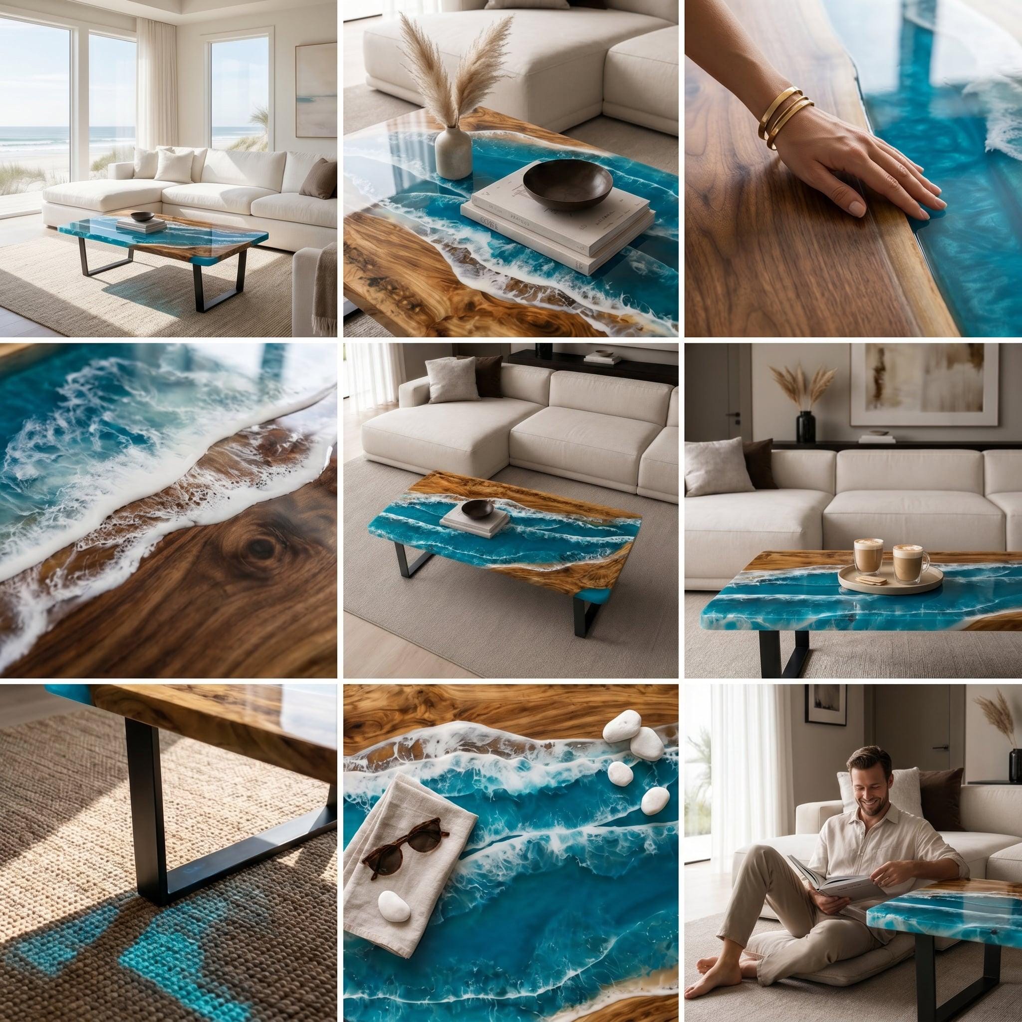 A rectangular coffee table featuring a natural wood slab with a live edge and a blue resin inlay that mimics ocean waves with white foam details. The table is supported by black metal legs and displays a smooth, glossy finish.