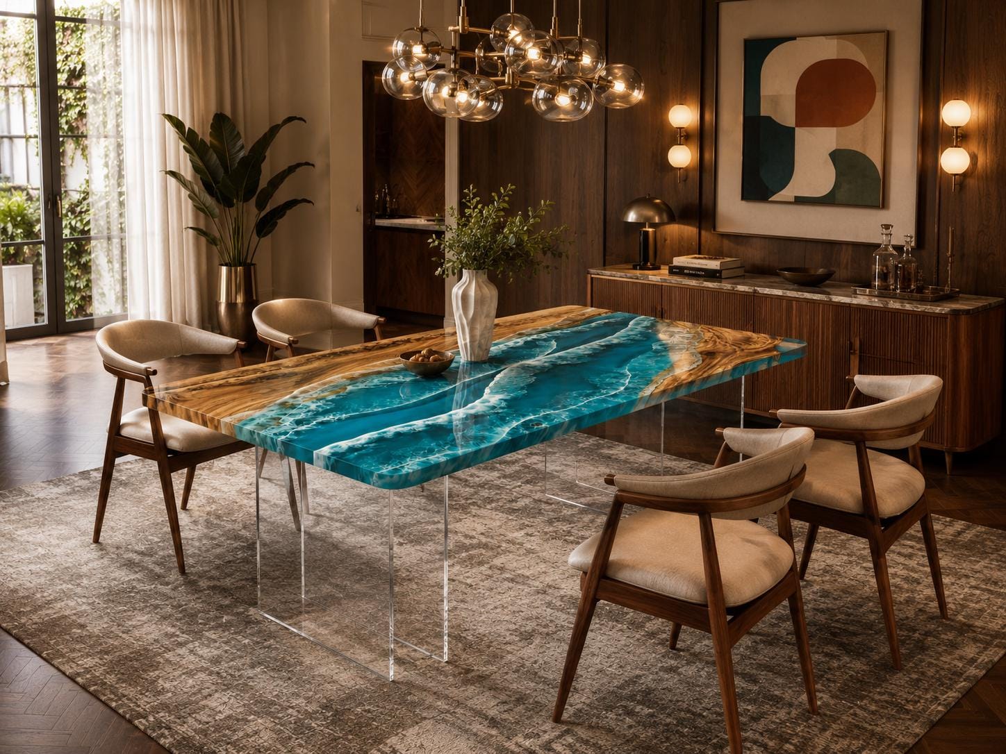 A rectangular dining table featuring a live edge wood slab with a central blue resin inlay mimicking ocean waves, supported by two clear acrylic slab legs, surrounded by four upholstered chairs with wooden frames.
