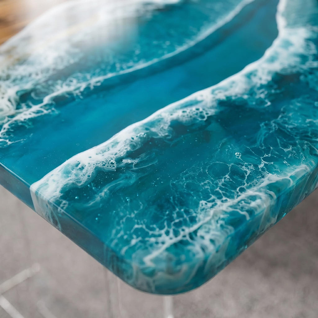 A rectangular table surface featuring a glossy resin finish with a deep teal and blue gradient. The surface displays white, swirling patterns that mimic the appearance of ocean waves crashing, with visible bubbles and depth.