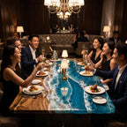A rectangular dining table featuring a natural wood edge and a central blue resin inlay with white wave-like patterns. The table is set with white plates, clear glassware, and small lamps, creating a formal dining arrangement.
