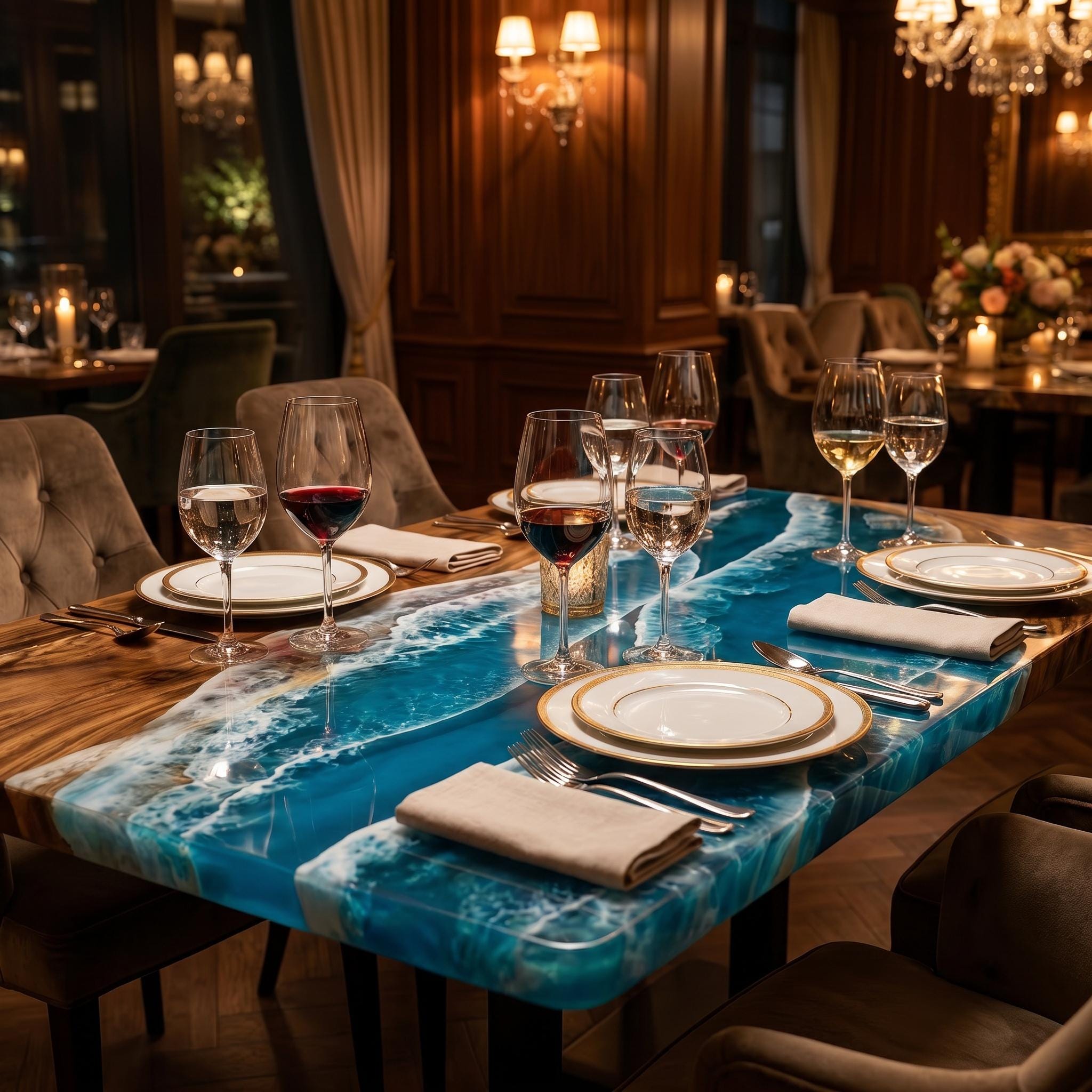 A rectangular dining table featuring a natural wood edge and a central blue resin inlay designed to resemble ocean waves with white foam details. The table is set with white plates, clear wine glasses, and beige napkins.