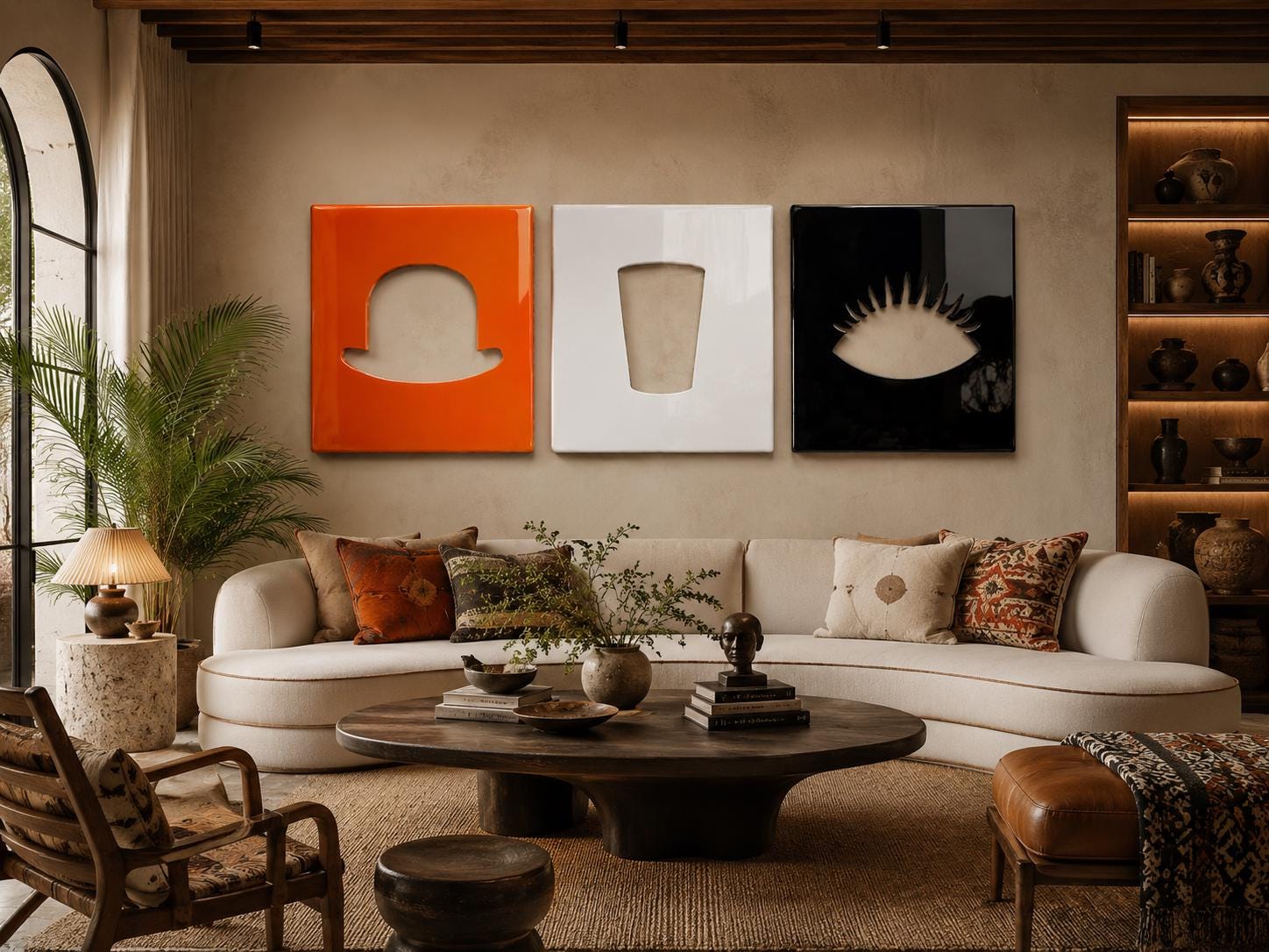 Three square wall art pieces displayed above a curved beige sofa. The left piece is orange with a bowler hat cutout, the center is white with a cup cutout, and the right is black with a stylized eye cutout. The room features a wooden coffee table.