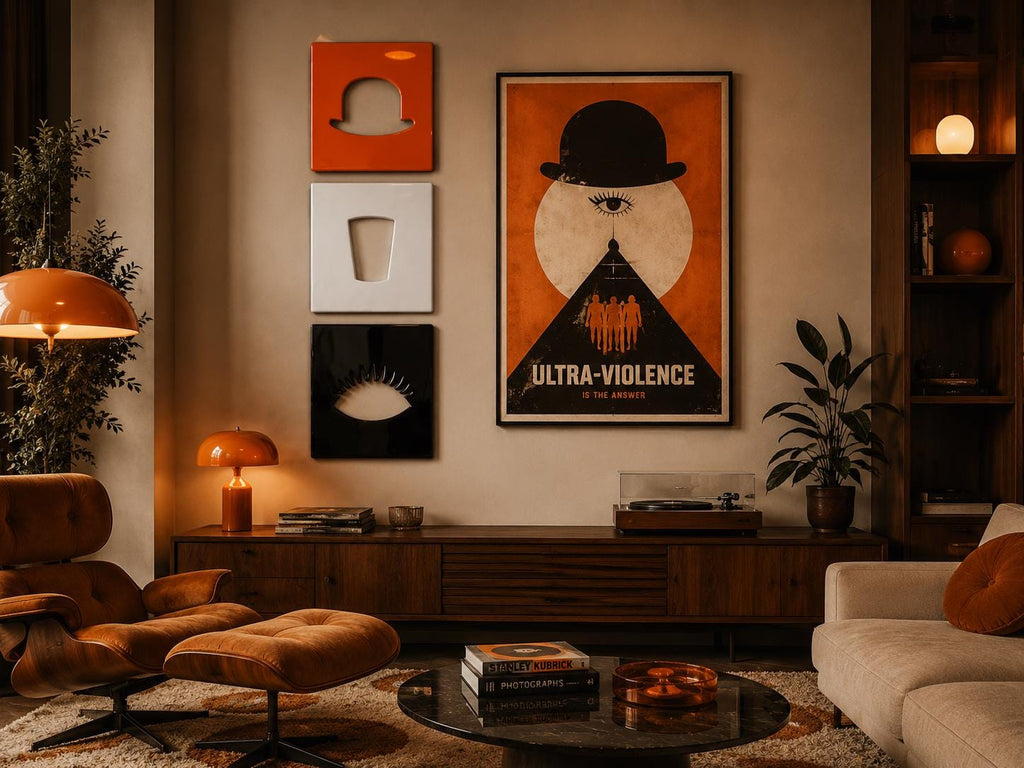 A framed poster featuring a black bowler hat, a large eye, and a group of figures above the text ULTRA-VIOLENCE IS THE ANSWER. To the left are three square wall panels in orange, white, and black, displaying a hat, a glass, and an eye.