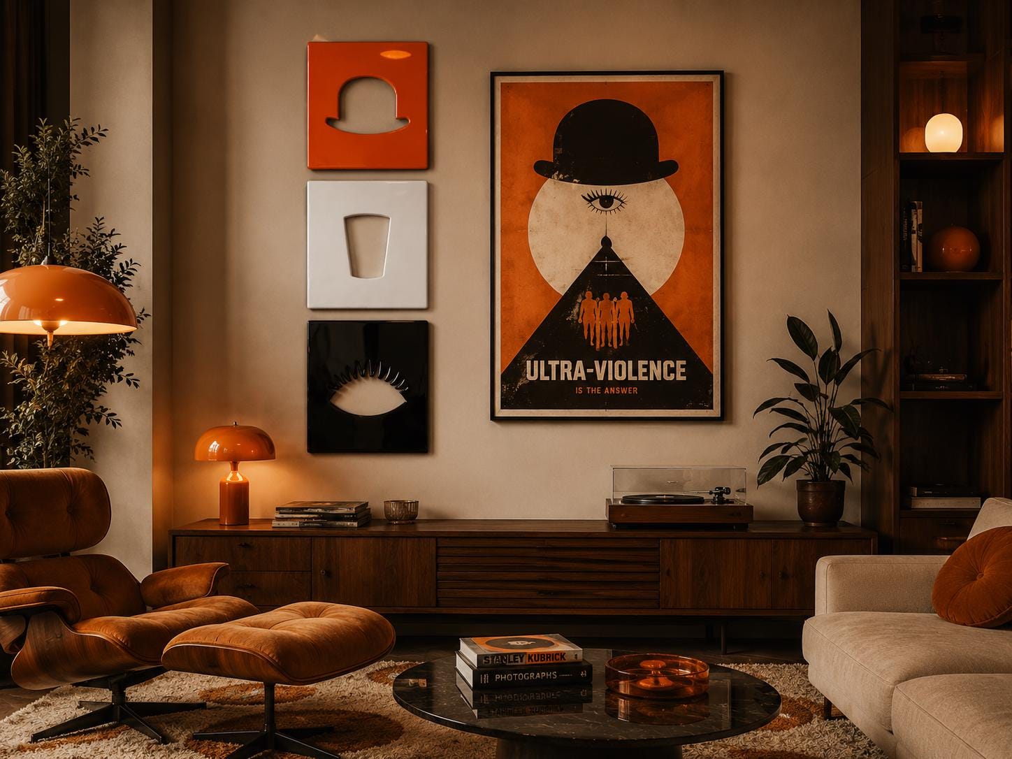 A framed poster featuring a black bowler hat, a large eye, and a group of figures above the text ULTRA-VIOLENCE IS THE ANSWER. To the left are three square wall panels in orange, white, and black, displaying a hat, a glass, and an eye.