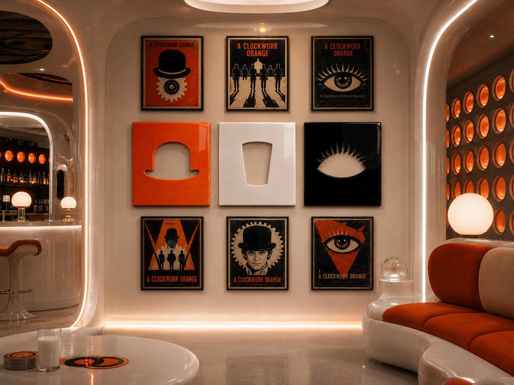 A wall display featuring six framed A Clockwork Orange posters and three square panels with cutouts of a bowler hat, a glass, and an eye. The posters include imagery of bowler hats, silhouettes, eyes, and the film title text.