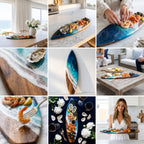 A surfboard-shaped serving board made of natural wood with a blue and white resin ocean wave design. The board features a smooth wooden base transitioning into a textured, layered resin finish that mimics the appearance of sea foam.