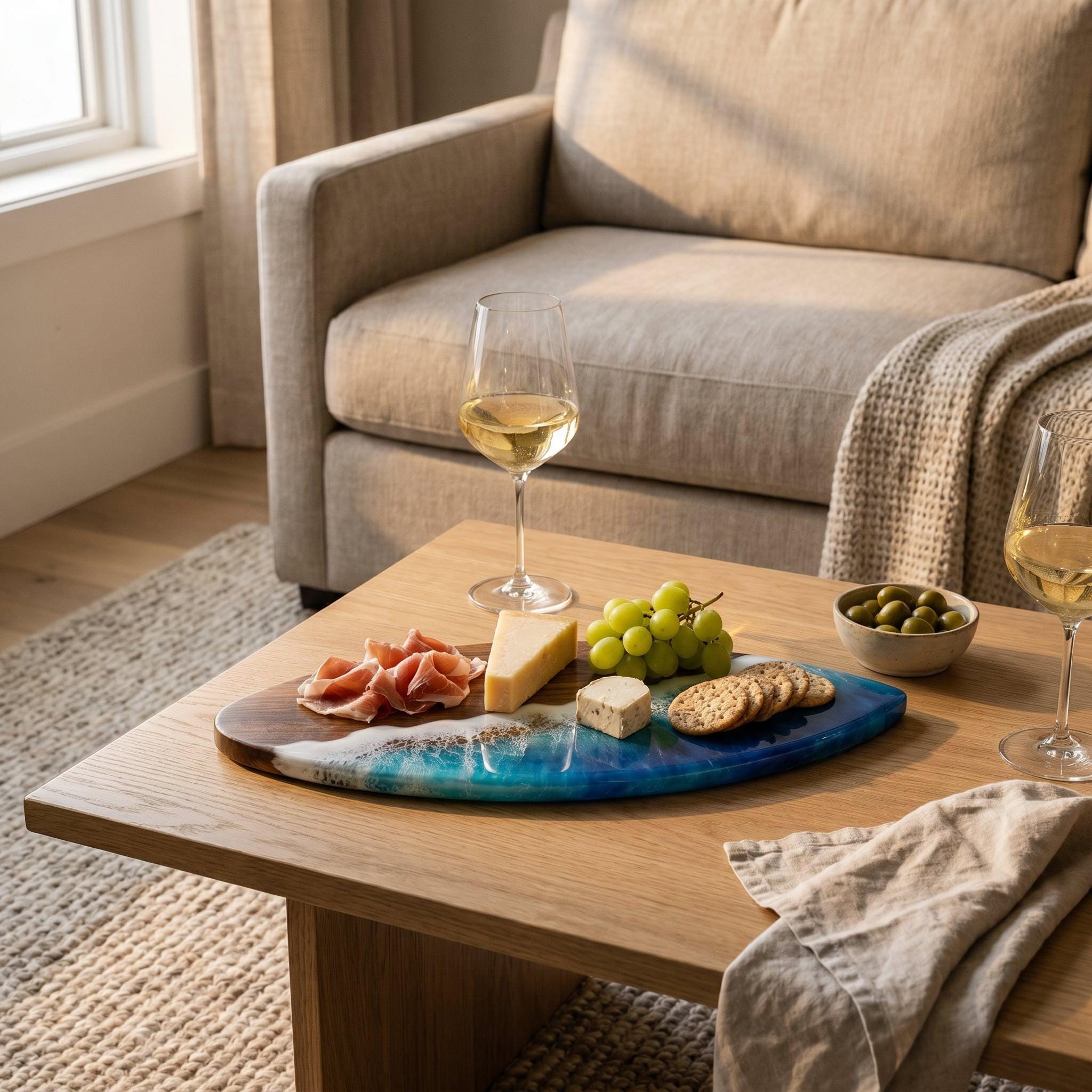 An oval serving board made of dark wood with a blue and white resin inlay resembling ocean waves. The board holds slices of prosciutto, a wedge of hard cheese, a small block of soft cheese, green grapes, and round crackers.